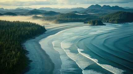 Majestic coastline with gentle waves and dense forests.