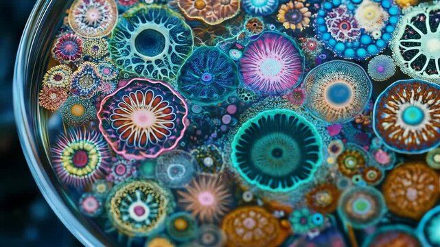 Colorful microscopic colonies in petri dish, detailed abstract view.