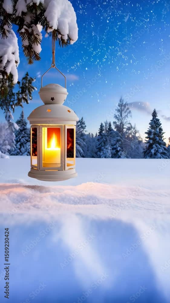 Poster illuminated candle lantern hanging from snowy branch in a winter landscape at twilight with trees an