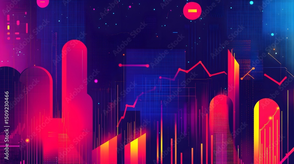 Poster abstract digital cityscape with vibrant colors and data visualizations.