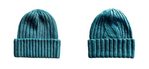 Two teal knitted winter hats, apparel isolated, cut out transparent