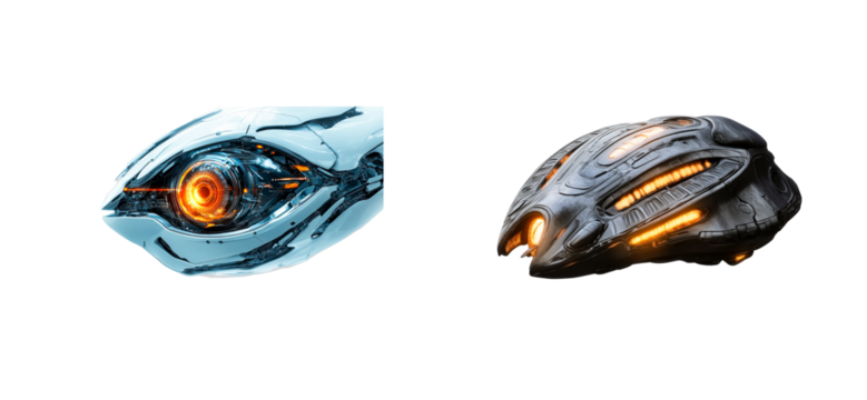 Two futuristic vehicle spacecraft concepts, isolated, cut out transparent