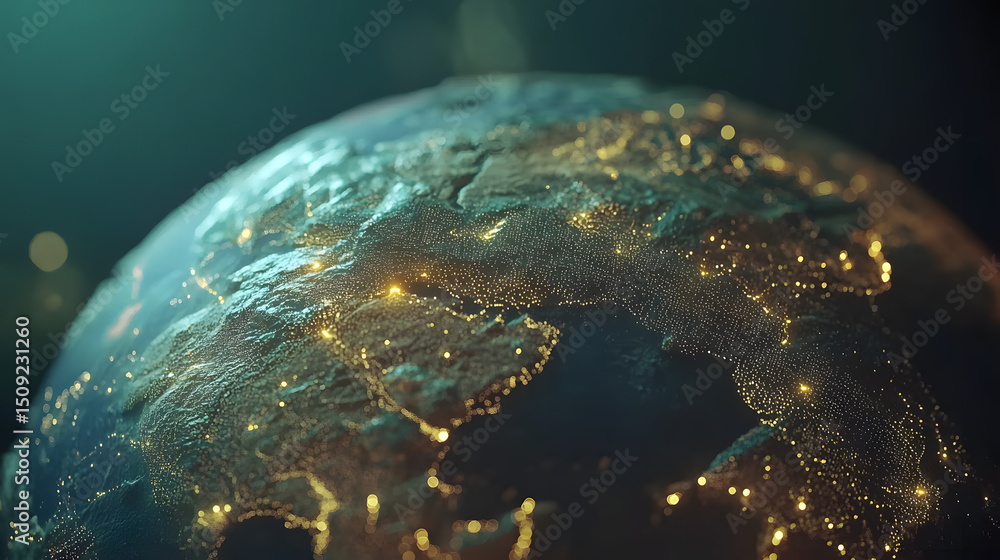 Poster a close-up of a globe with focus on continents, featuring digital data visualization elements, repre