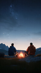 Two men sit by a fire in the woods. The sky is dark and the stars are shining brightly