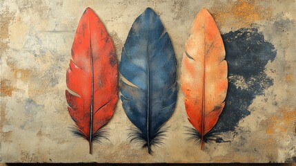 A soft feather motif incorporated into a geometric pattern, with light blue and red accents, placed over a beige stone-like background. 