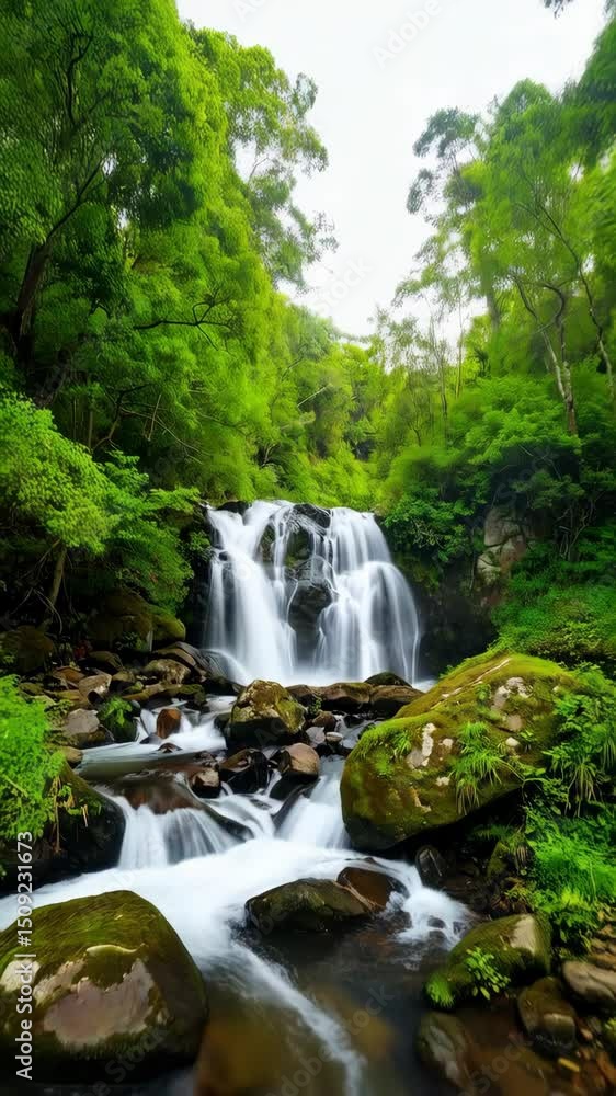 Poster cascading waterfall with smooth flowing water through a lush green forest and mossy rocks creating a