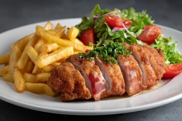 Cordon Bleu Teller Pommes Frites Salat Beilage Panierte Schnitzel Käse Schinken Füllung Hausmannskost Mittagessen Klassisch Knusprig Gebraten Restaurant Gericht Rustikal Nahaufnahme