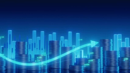 A financial background showing upward and downward arrows with panning movement suitable for representing market trends or investment strategies. Stacked coins and charts. - Powered by Adobe