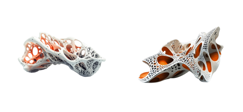 Two abstract porous forms on black background, cut out transparent - Powered by Adobe