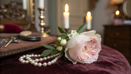 Fototapeta premium Single peony boutonniere on velvet with pearl cufflink against vintage dressing table in candlelight – Wedding season elegance with copy space