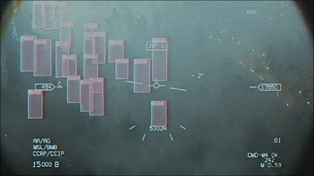 4K Aerial AI targeting interface with pixelated pink recognition boxes, digital glitch overlay, CRT scanlines and cyber HUD for motion graphics, screen mode, drone surveillance and tracking system