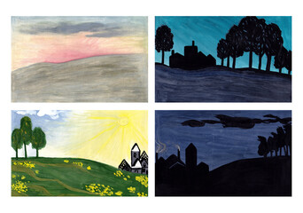 A set of watercolor illustrations of scenes of the changing cycle of the day. A set of watercolor illustrations of scenes of the changing cycle of the day. Morning, noon, evening and midnight