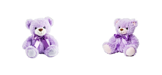 Two lavender plush toy bears with purple bow, cut out transparent