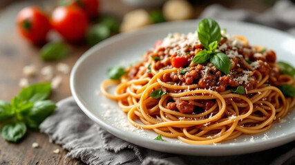 Italian pasta with tomato sauce and basil. Close up 