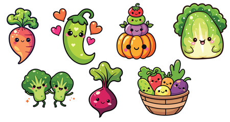 Kawaii cute cartoon vegetables in vibrant colors, vector illustration, children's decor