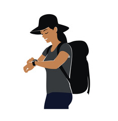 Woman backpacker checking smartwatch time outdoors
