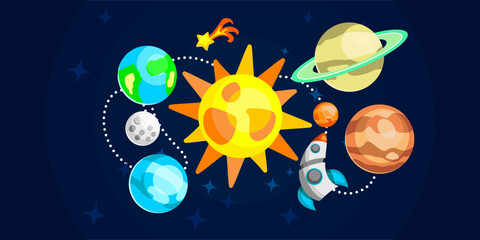 solar system space and stars vector background with planets saturn stars sun earth moon clouds spaceship 