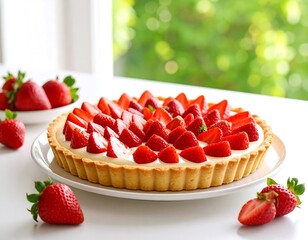 Creamy custard tart topped with fresh strawberries, presented on a white plate, near a window