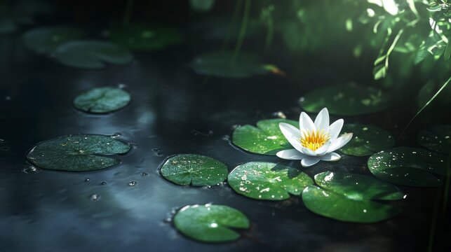 Single white water lily blossom floats on dark water surrounded by lily pads and greenery in soft sunlight.