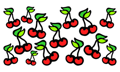 Vector color illustration of a horizontal banner of ripe cherries on a white isolated background