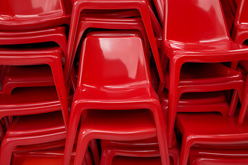 Stack of chairs in bright red hue, organized and compact. The chairs are designed to be stacked on top of one another, showcasing space-saving functionality.