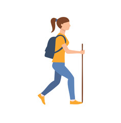 Fototapeta premium Woman hiking with backpack and walking stick