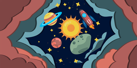 solar system space and stars vector background with planets saturn stars sun earth moon clouds spaceship 