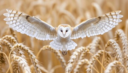 Fototapeta premium Barn owl gracefully flying over vast fields of golden wheat beneath a clear blue sky