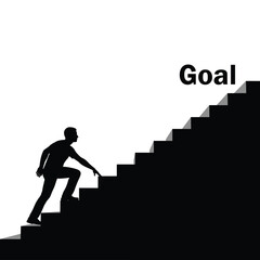 Silhouette of a man climbing stairs toward a goal representing success, motivation, achievement, personal growth, and reaching life or career milestones