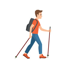 Man hiking with backpack and trekking poles