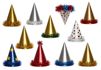 Party hats in various colors and patterns on white background