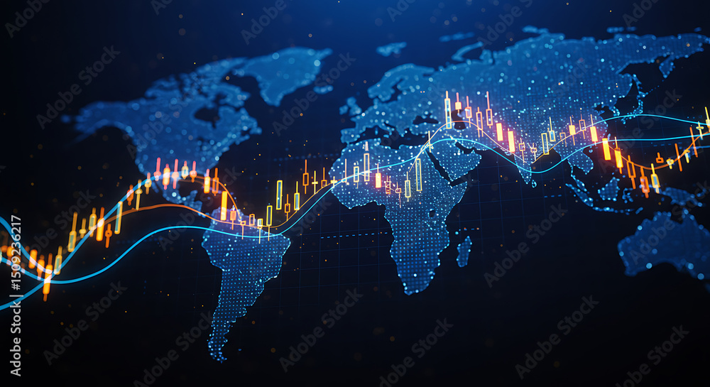 Poster global stock market data visualization on digital world map background