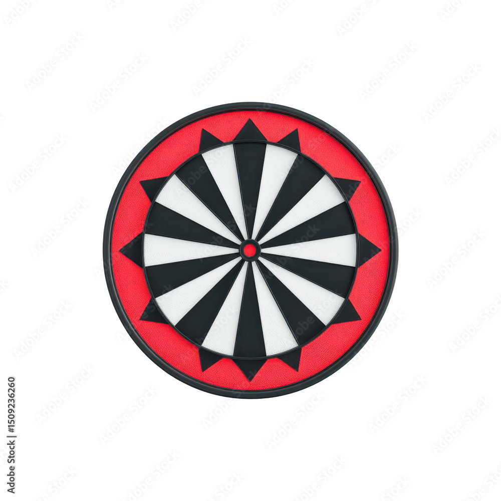 Poster round dartboard with geometric black and white pattern is set against red background, creating strik