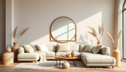 Modern living room interior with a light sectional sofa, round mirror, natural pampas grass decor, and warm sunlight creating a cozy, stylish, and minimalist atmosphere.