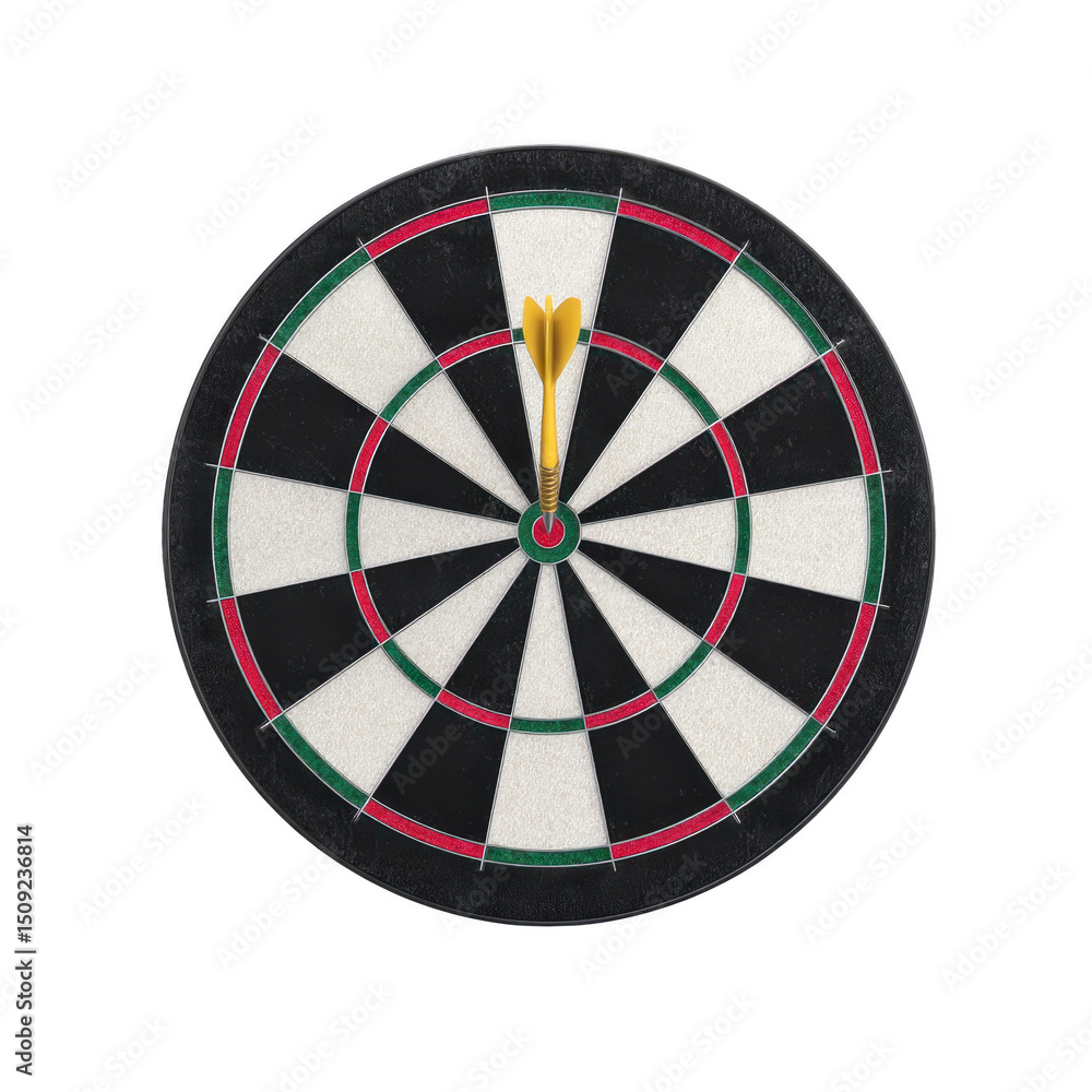 Poster dartboard with dart hitting bullseye, symbolizing precision and success. dartboard features alternat