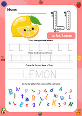 Back to school fruit themed vector design card with cute fruits and handwritten ABC letters