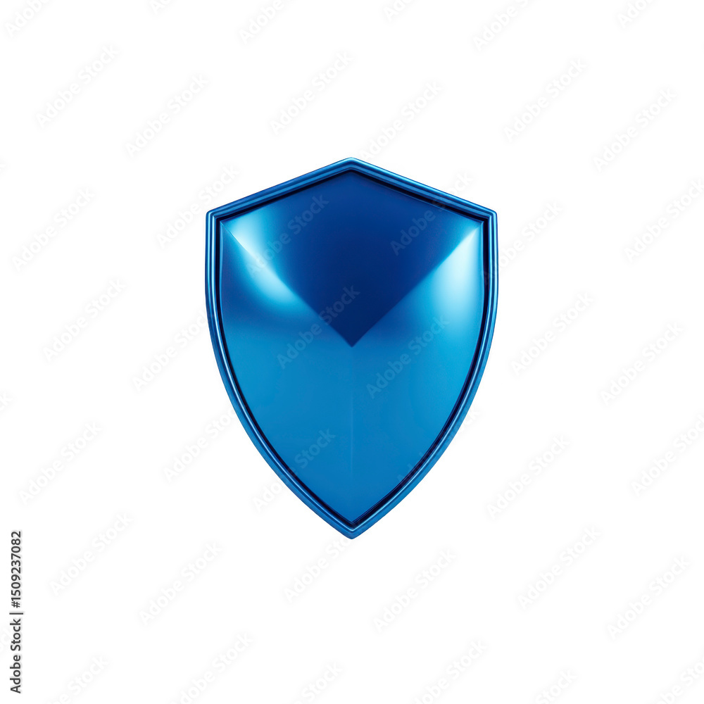 Poster shiny blue shield with metallic finish symbolizes protection and security. sleek design and vibrant 