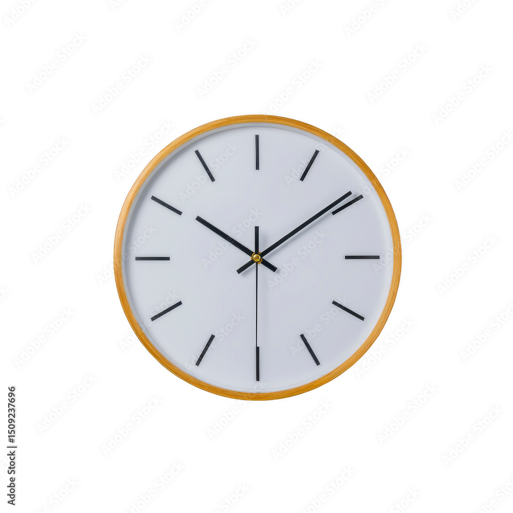 Poster minimalist wall clock with gold frame and black hands on white face, displaying simple and elegant d