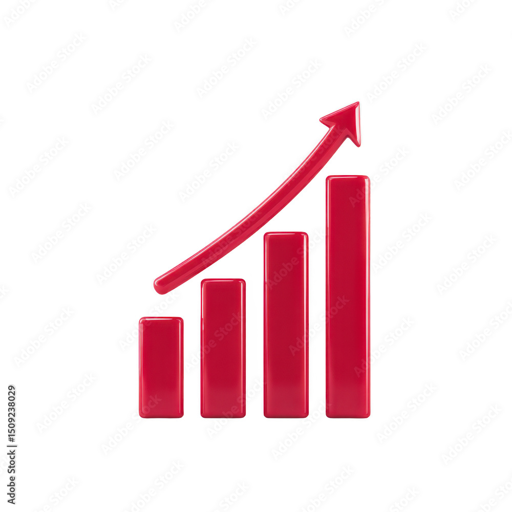 Poster red 3d bar graph with upward arrow symbolizes growth and success, often used in business and finance