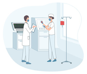 Cartoon Color Characters Doctor and Woman Medical Worker with Bag Infusion on a Stand Clinic Concept Flat Design Style. Vector illustration