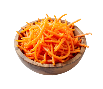Fresh shredded carrots woden in bowl isolated on white background top view 
