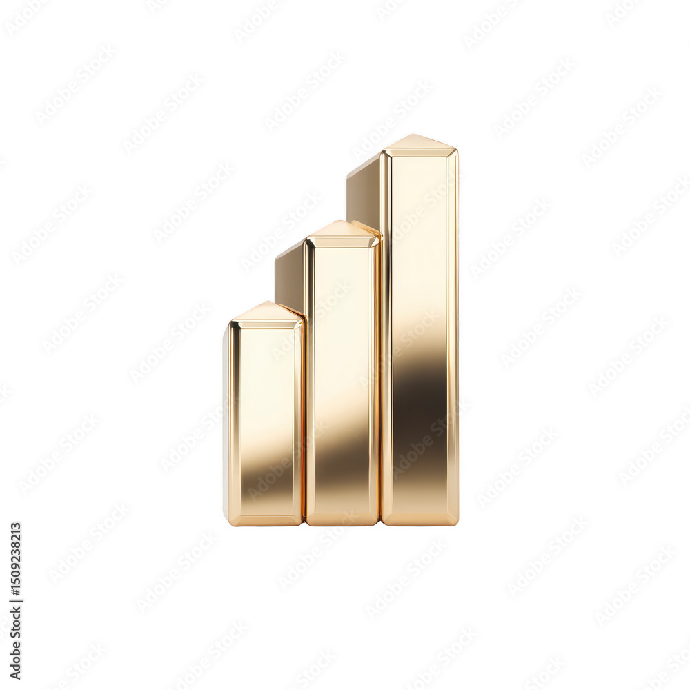 Poster shiny gold bar graph with three ascending columns symbolizes growth and success. sleek metallic fini