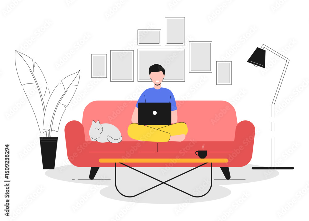 Poster cartoon color character man with laptop home resting concept flat design style and line elements. ve