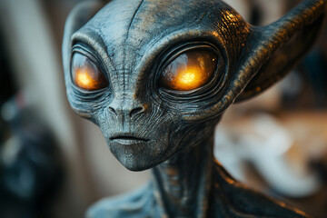 Alien figure with glowing eyes and an elongated head silhouette