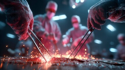 Surgical Precision Hands in Gloves with Tools Sparking in a Medical Setting