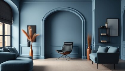 A Tranquil blue interior scene featuring an arched design, refined decor, and minimalist aesthetic capturing comfort and visual harmony