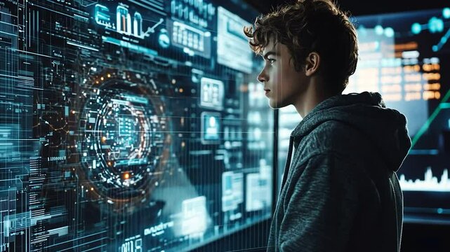 Teenager stares at interactive digital displays in a futuristic control room - Powered by Adobe