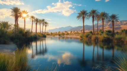 Obraz premium A stunning desert oasis with a crystal-clear lagoon surrounded by tall palm trees and sandy dunes. The sunlight glimmers on the waterâ€™s surface, while distant mountains rise majestically in the back