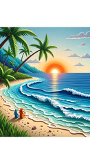 Obraz premium Sunset Beach Paradise Serene Tropical Illustration of Couple Watching Ocean Waves at Golden Hour