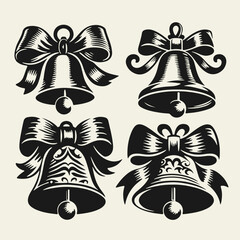 Set of vintage-style black and white Christmas bells with bows and ribbons. Hand-drawn in linocut technique with bold lines and high contrast, perfect for retro holiday designs.